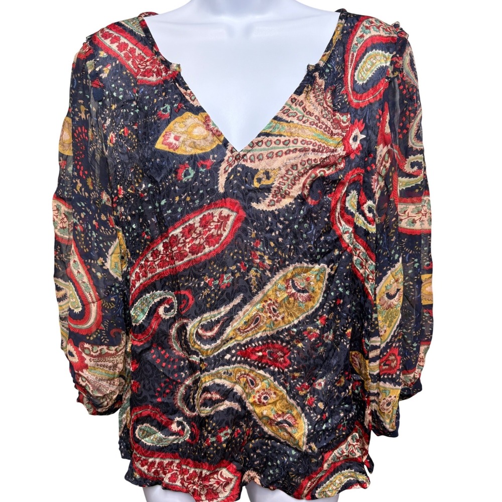 VELVET by GRAHAM & SPENCER Navy Paisley Boho Blouse Sz L Gypsy Artsy Airy Flowy